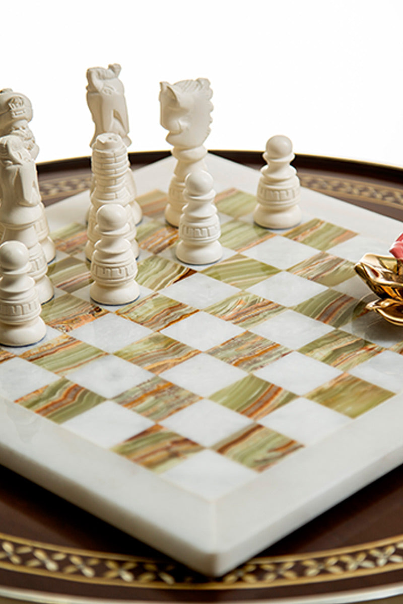 Onyx checkmate with porcelain and brass rose